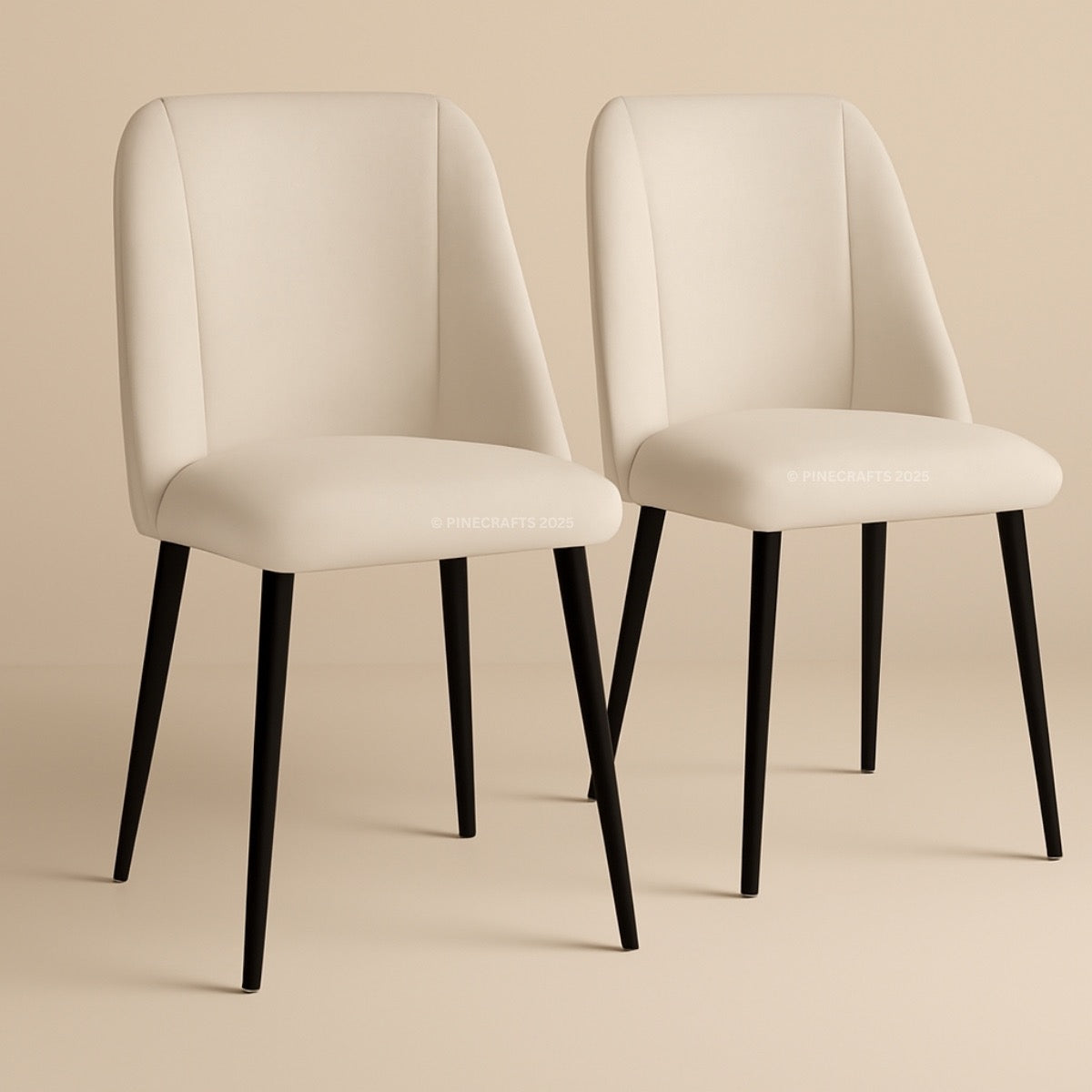 Two beige chairs with black legs on a beige background